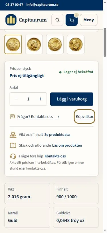 Mobile staging product view with unavailable price, unconfirmed stock, a disabled cart action and a contact option.