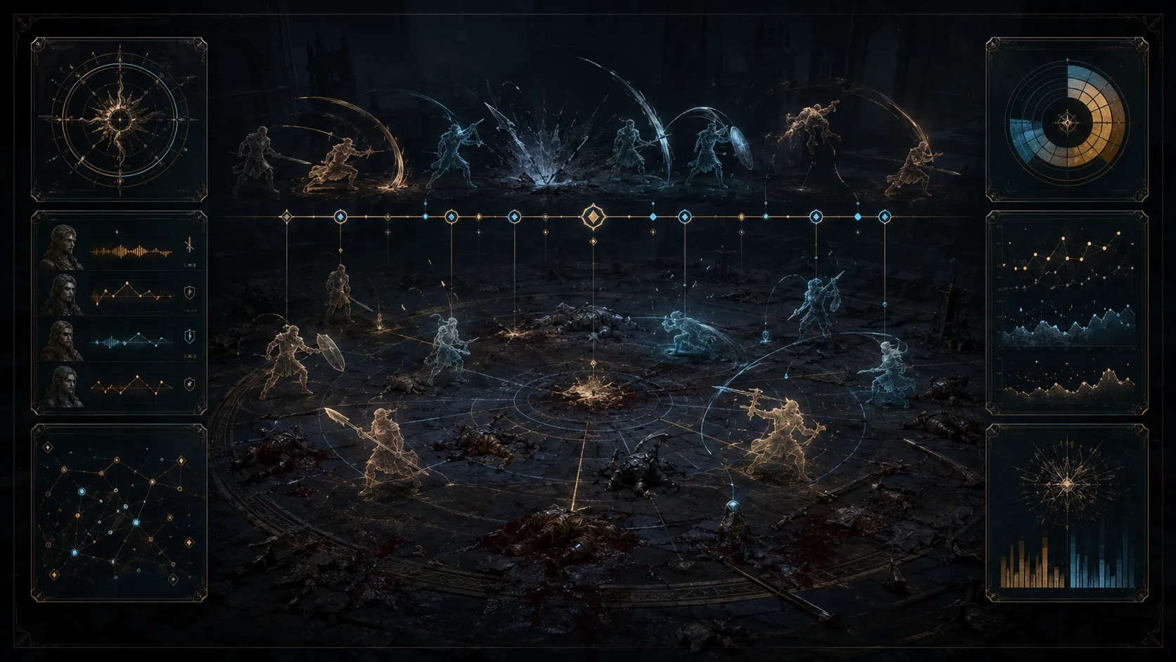 Combat Recap artwork showing a tactical battle timeline with combat silhouettes and analytics panels.