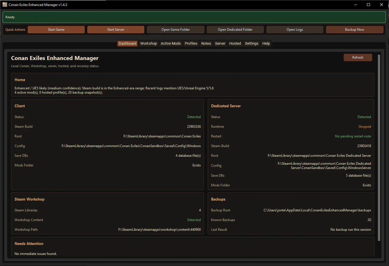 Conan Exiles Enhanced Manager dashboard showing client, dedicated server, Workshop, backup, and recovery status.