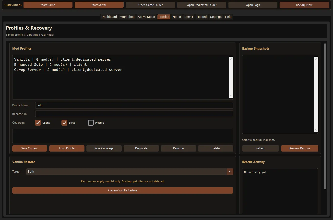Conan Manager recovery screen showing sample profiles, Preview Restore, Preview Vanilla Restore and a warning that downloaded mod files are retained.