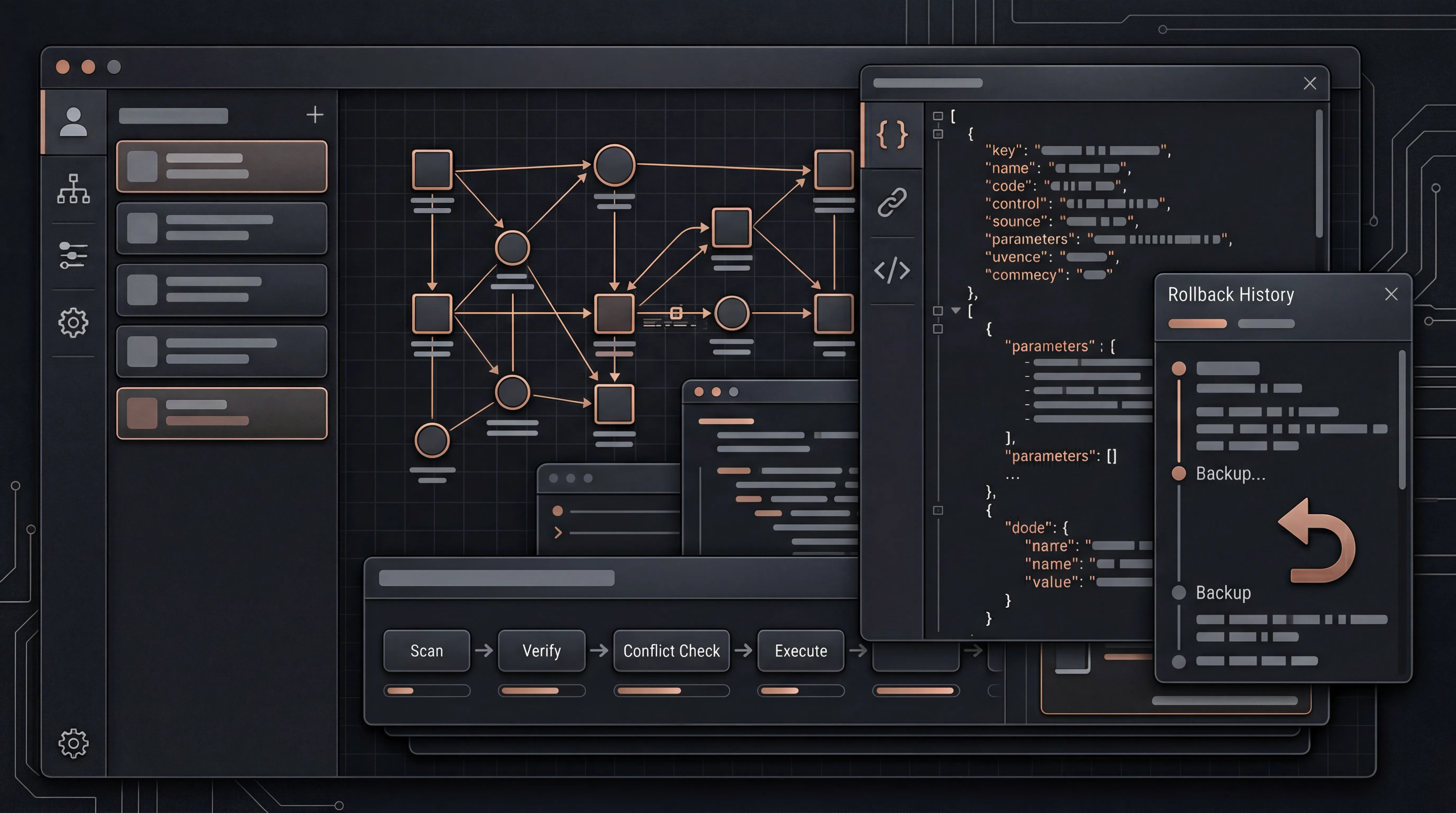 Crimson Desert compatibility manager artwork showing structured workflow panels, JSON-like forms, and rollback tooling.