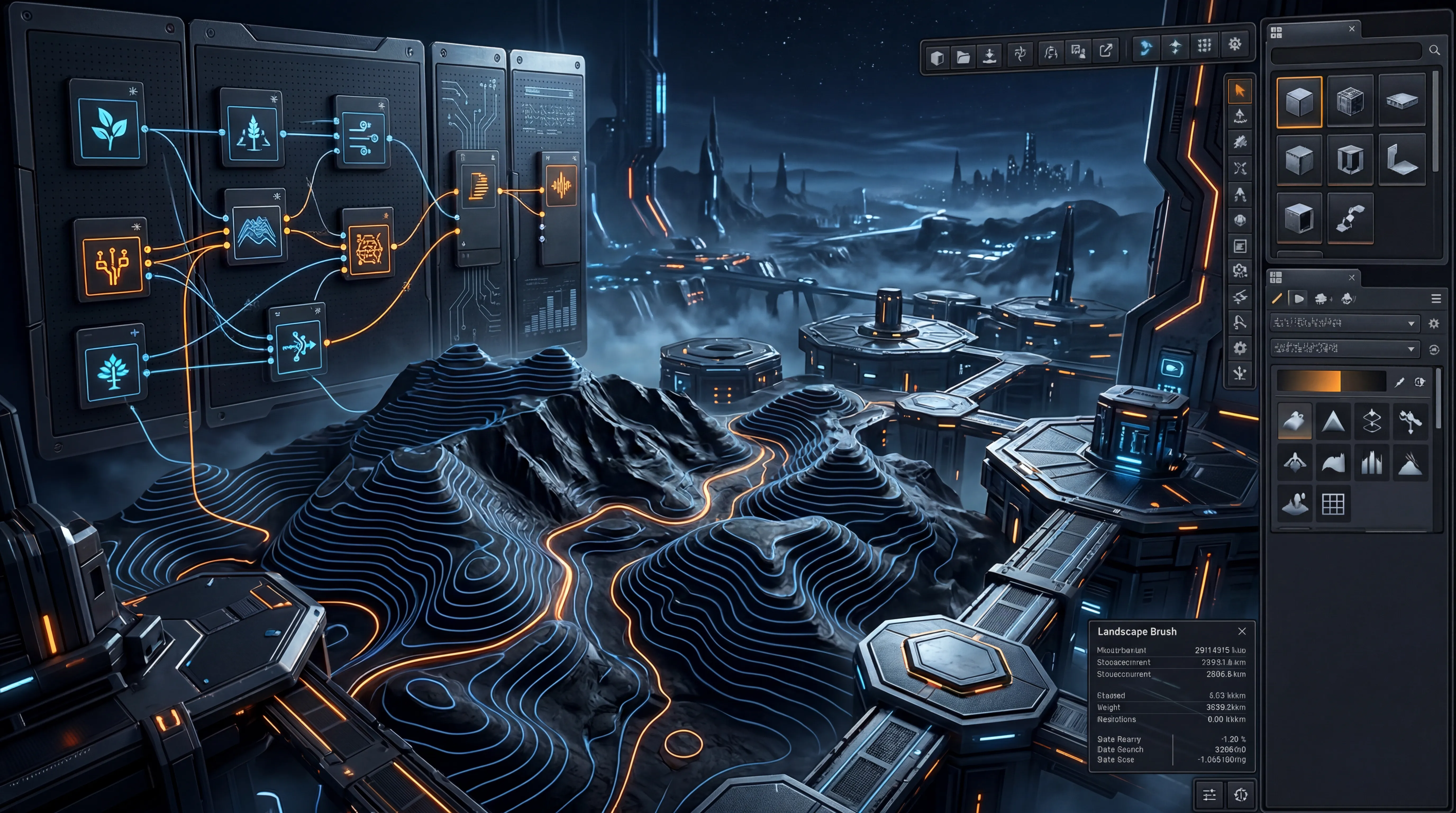 GhostLink artwork showing an Unreal-style editor workspace with terrain tooling, node panels, and connected automation flows.