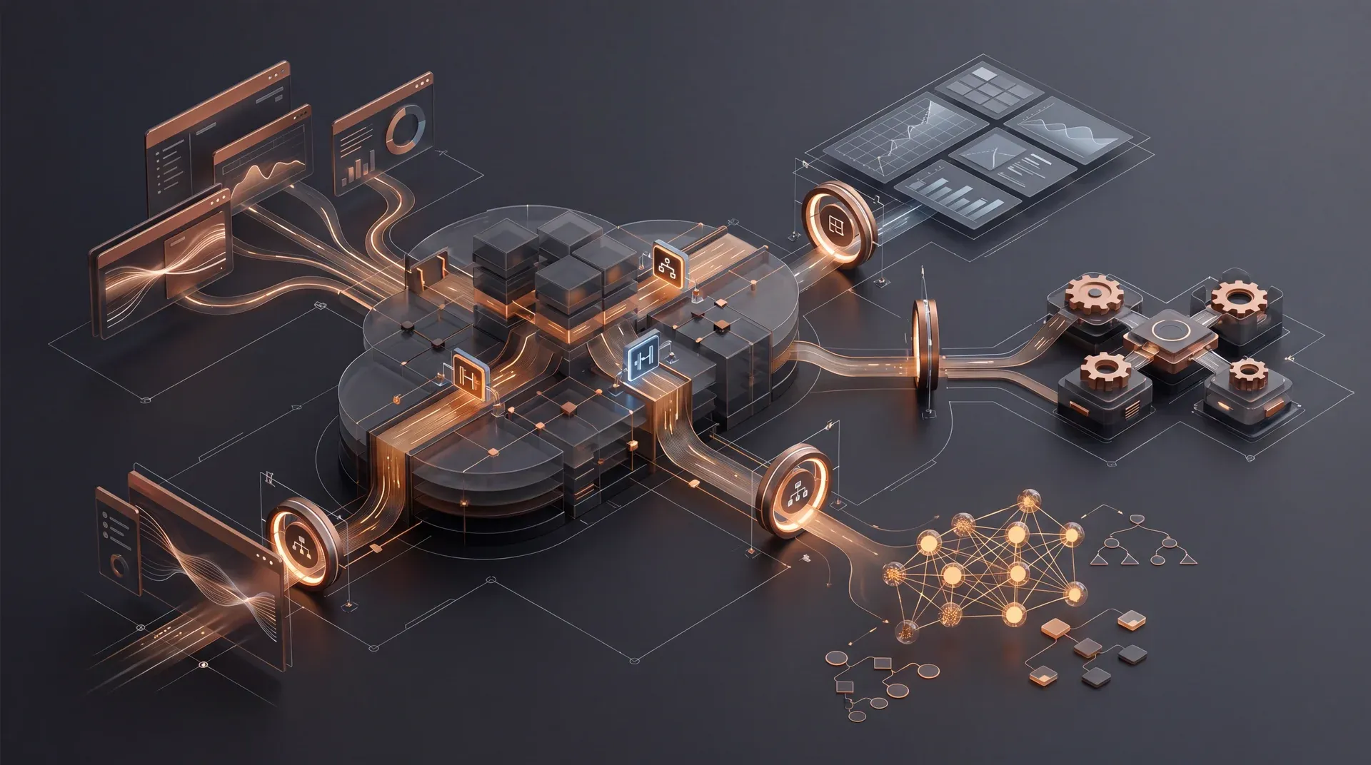Technical illustration of data sources flowing through cloud processing, dashboards, automation, and AI-assisted systems.