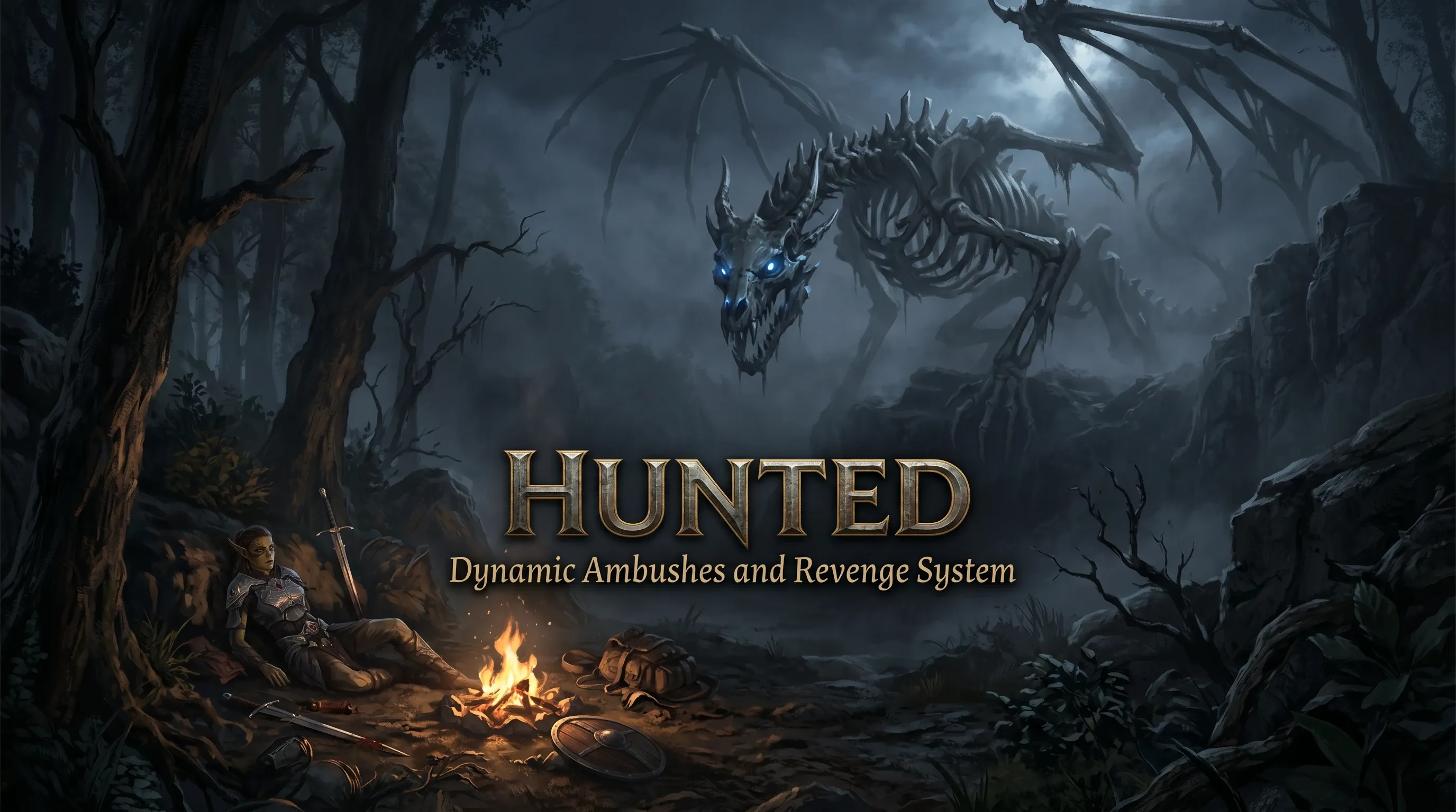 Hunted Nexus artwork showing a campfire scene under a skeletal dragon in a dark forest.