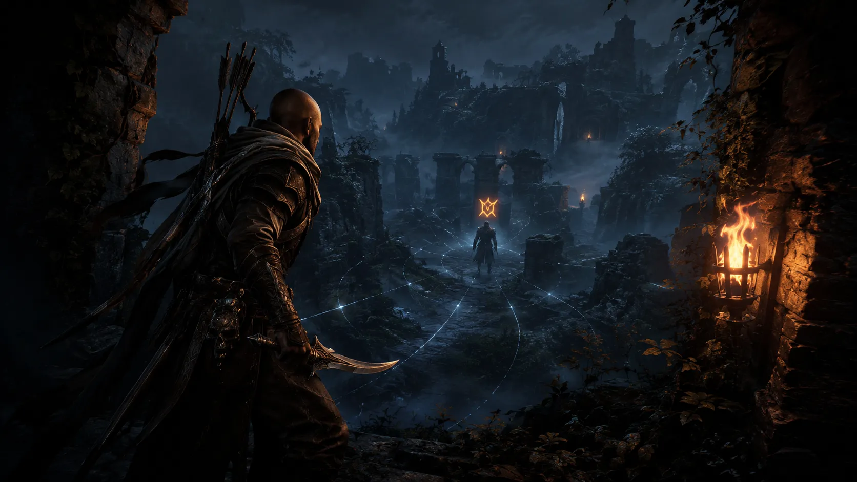 Huntsworn artwork showing a hunter-warrior tracking a marked quarry through torchlit ruins.