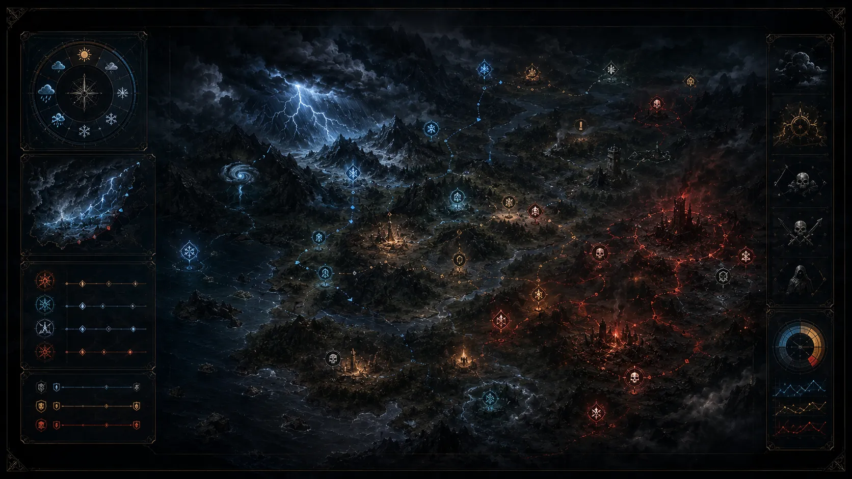 Living Faerun artwork showing weather systems, danger routes, and world-event markers across a dark fantasy map.