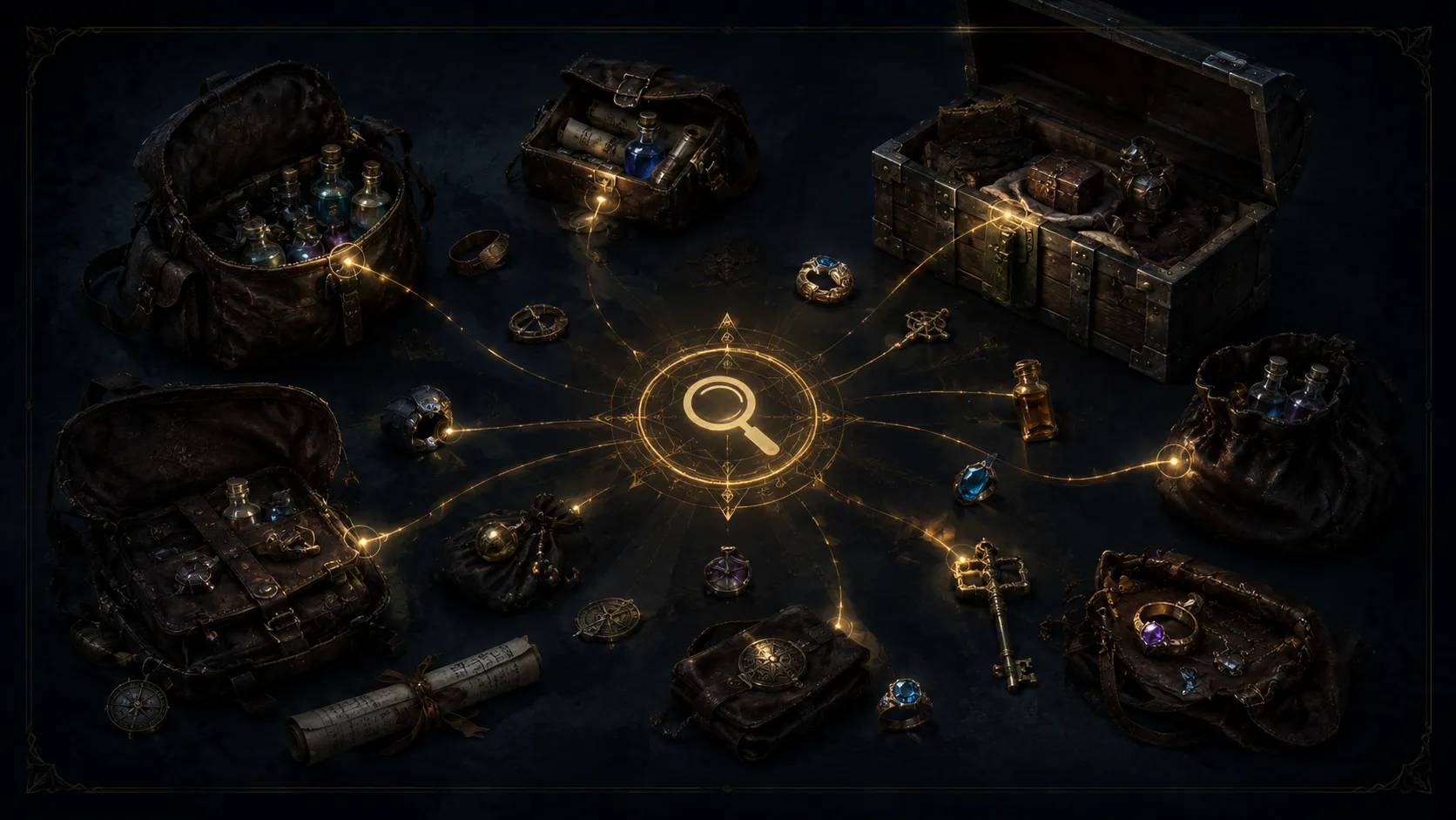 Tav's Lost and Found artwork showing bags, chests, and items connected by glowing search lines.