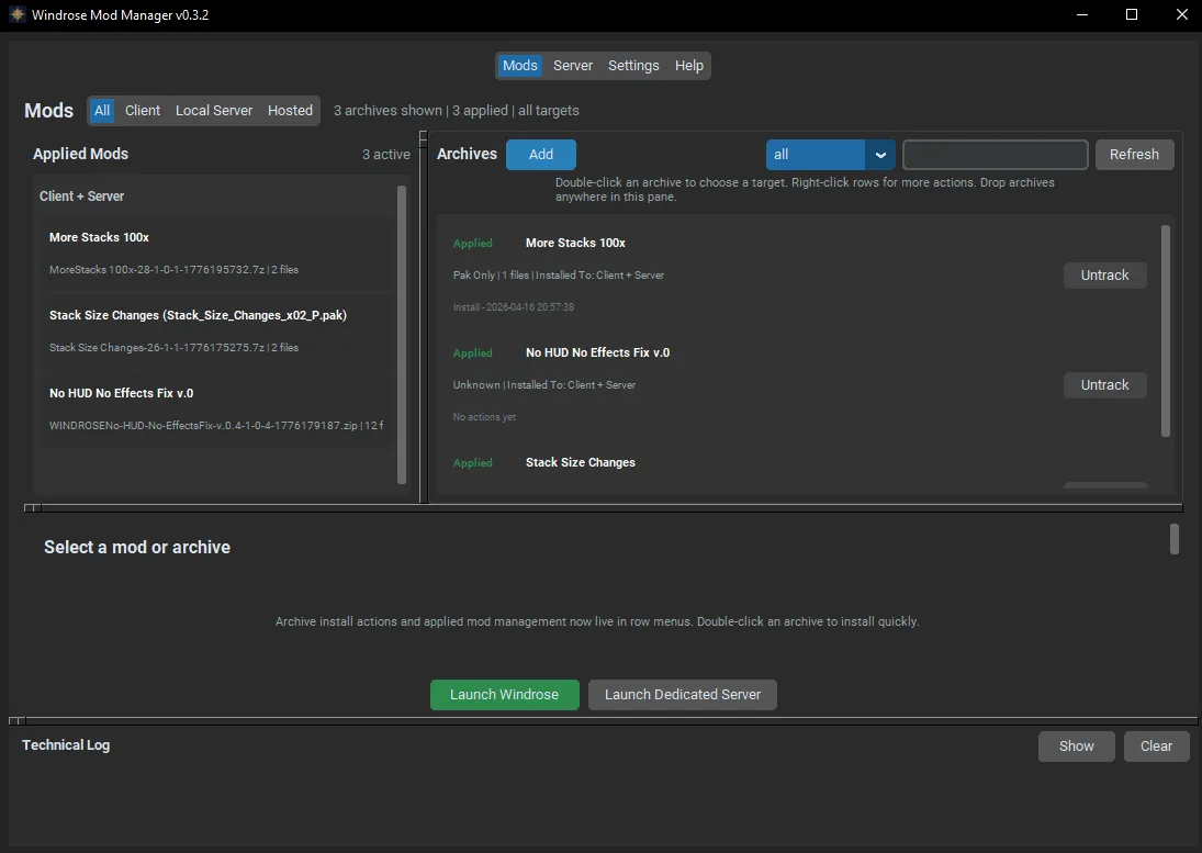 Windrose Mod Manager showing archive and applied mod management.
