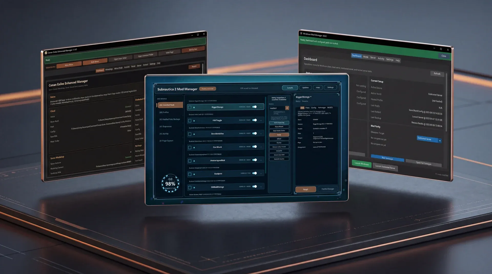 Stylized presentation of three released desktop workflow tools for Conan Exiles, Subnautica 2, and Windrose.