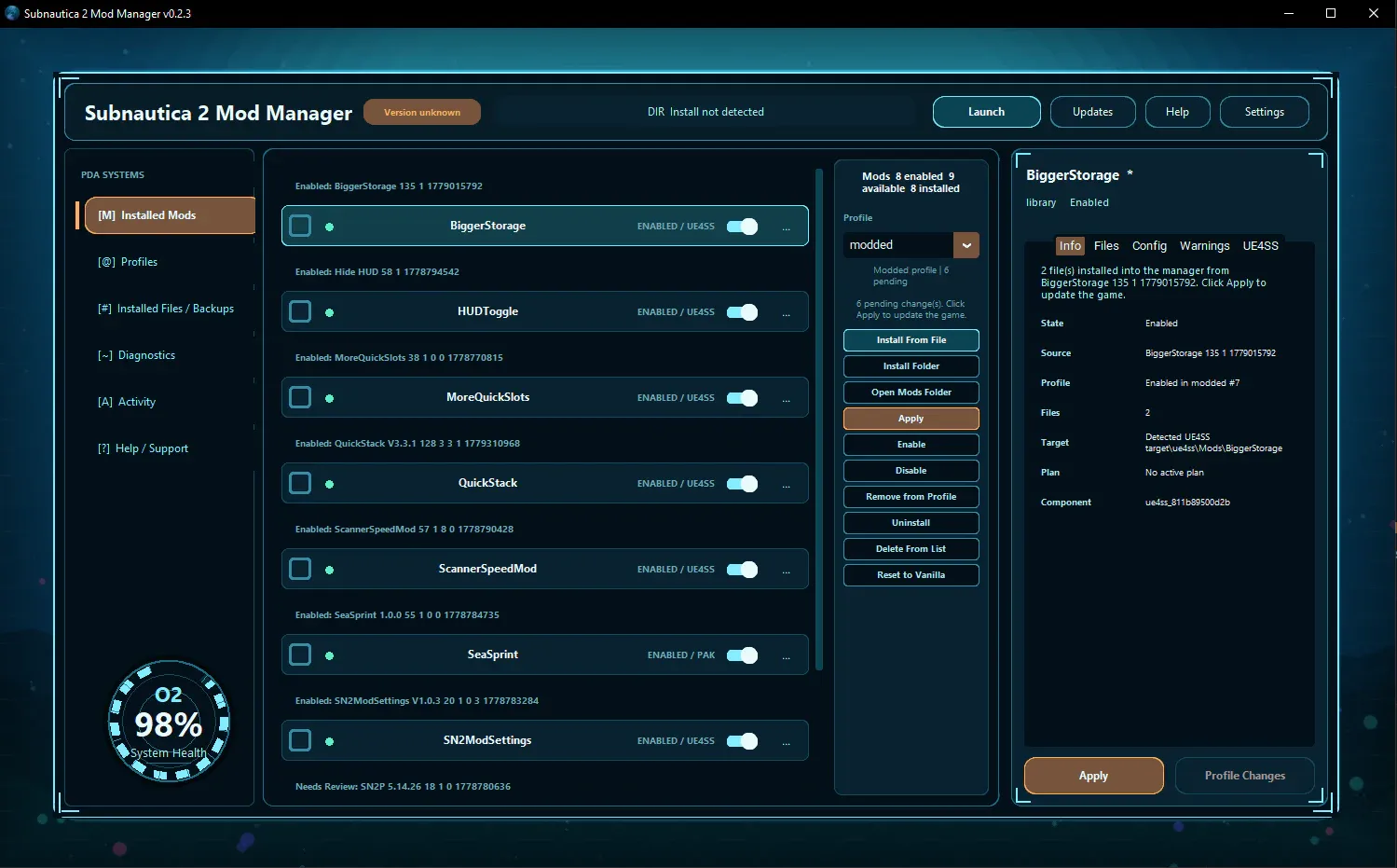 Subnautica 2 Mod Manager workspace showing installed mods, profiles, diagnostics, and managed apply controls.
