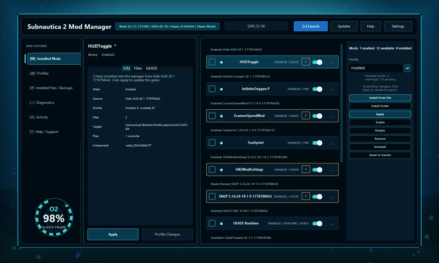 Subnautica 2 Mod Manager main interface screenshot.