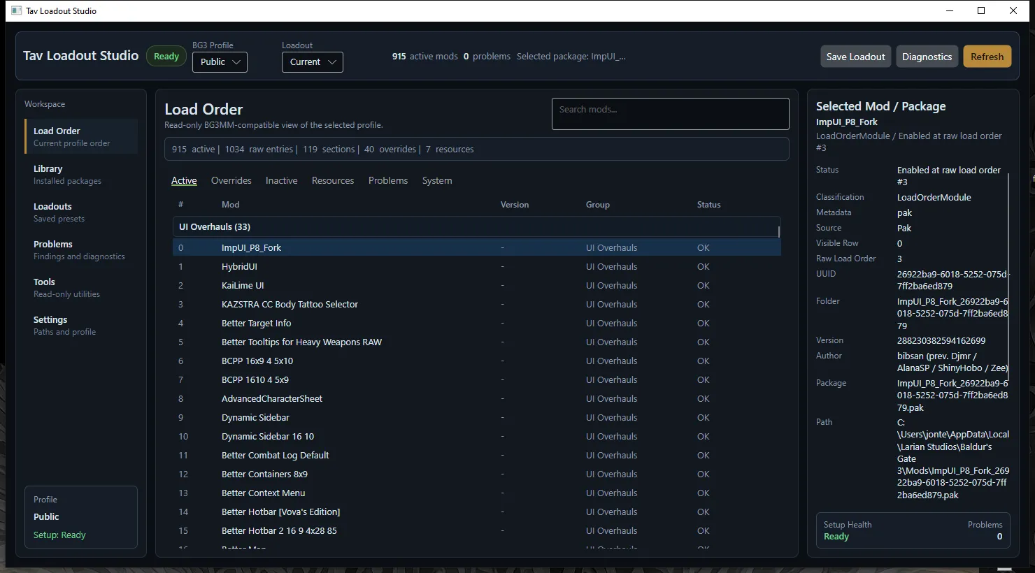 Tav Loadout Studio desktop app showing a BG3 load order, selected package details, and diagnostics controls.