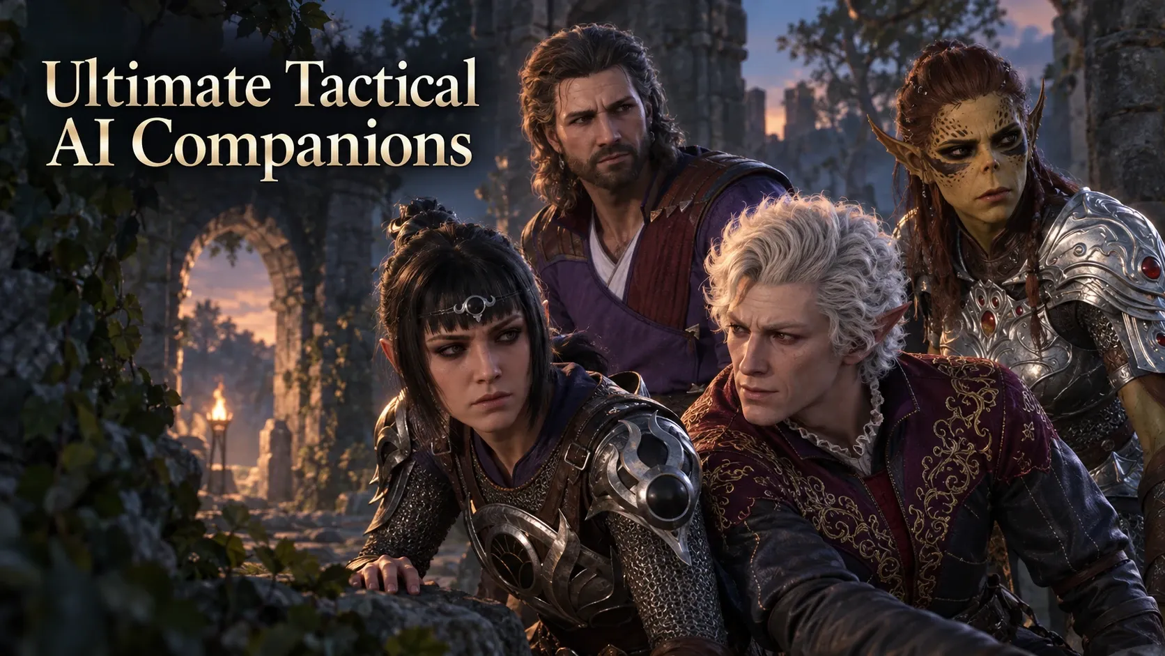 Ultimate Tactical AI Companions artwork showing Shadowheart, Astarion, Gale and Lae'zel coordinating at a woodland ruin.