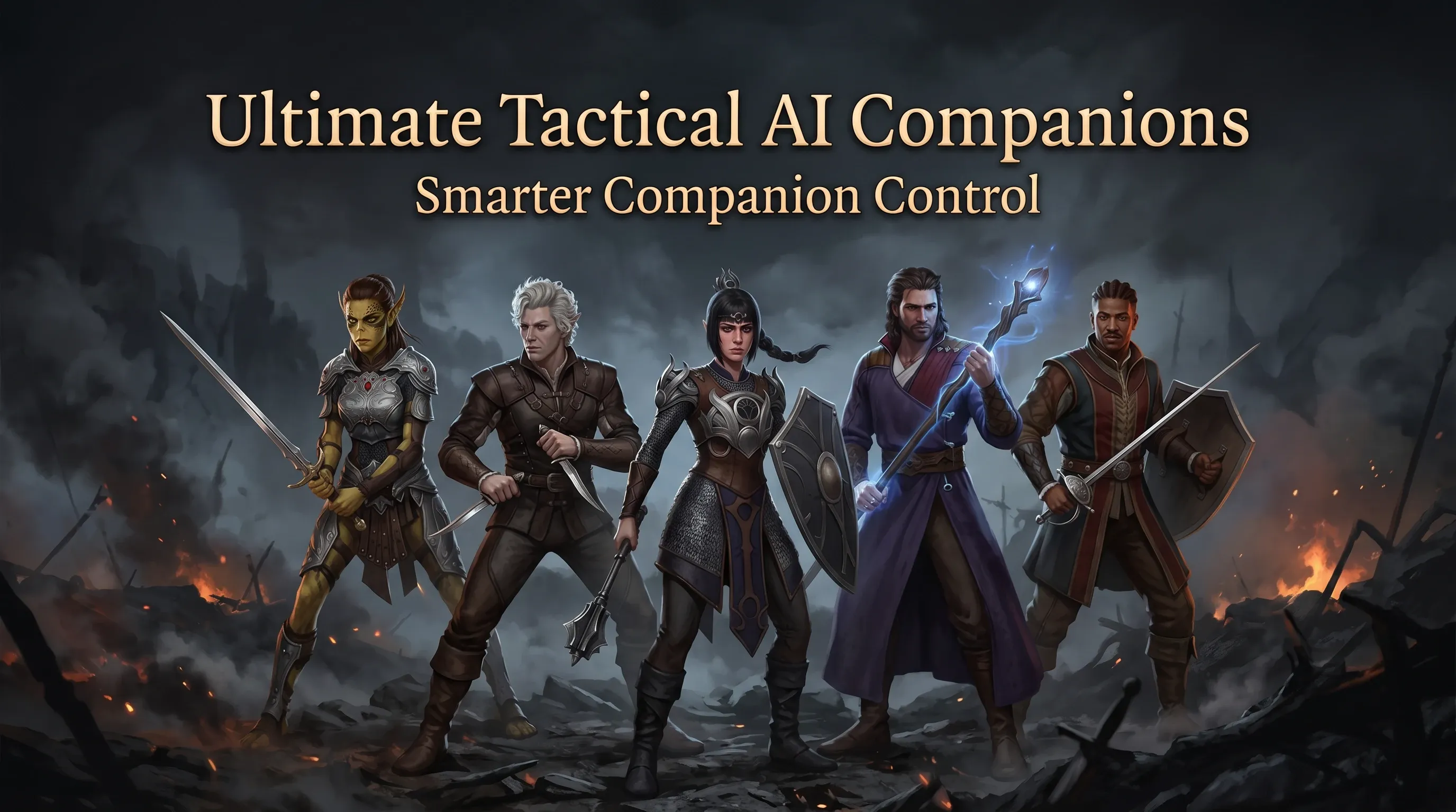 UTAC Nexus artwork showing five Baldur's Gate 3 companions standing in a battlefield formation.