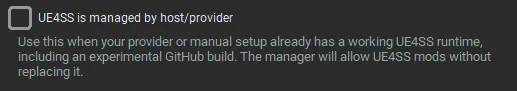 Windrose's unchecked UE4SS is managed by host/provider option and the explanation that an existing runtime can be retained.