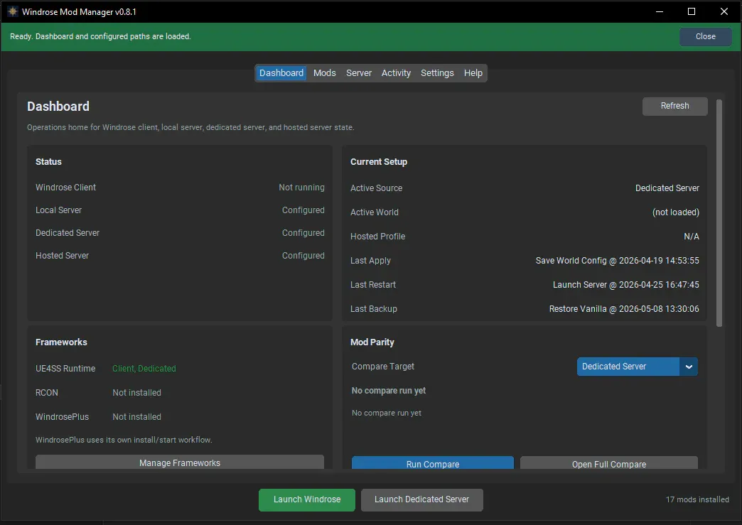 Windrose Mod Manager dashboard showing client, server, hosted workflow, framework, and mod parity status.